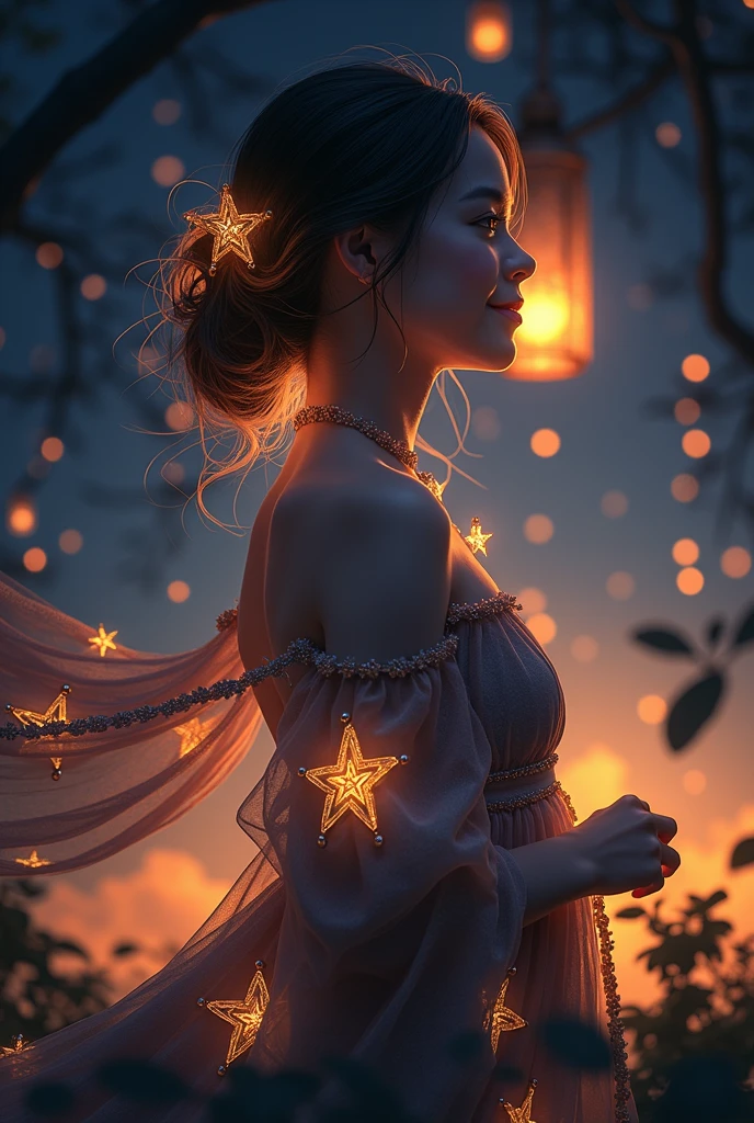 Ornaments of light, dramatic illusion of nature everywhere and a lady is feeling the environment with a lovely smile wearing a lantern light dress with so many star designs