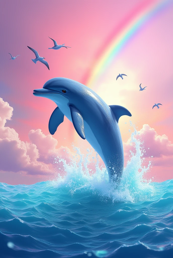 Realistic blue dolphin jumping in multicolored sea and pink sky with lots of bubbles all around and rainbow with pastel colors and birds flying in the sky
