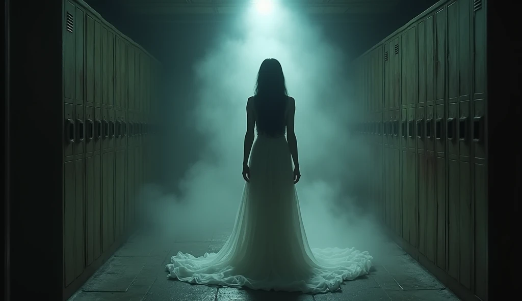 A shadowy figure of a woman in a white dress, with long hair covering her face, standing in the middle of a dark, deserted hallway. The hallway is lined with old lockers, and a faint mist is rolling along the floor.