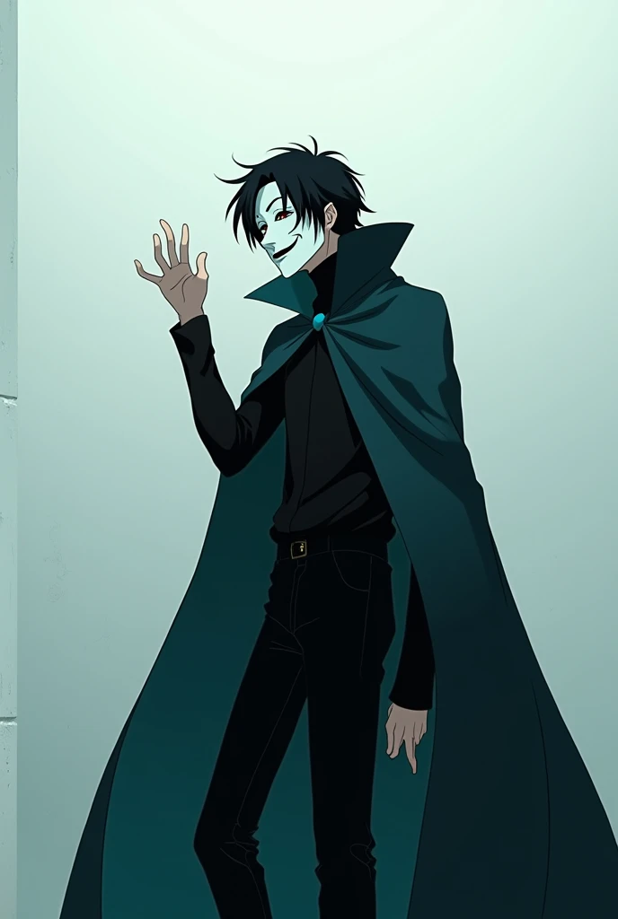 The image is anime style cowboy bebop and Darker than black with shadows and dim lights, anime style although somewhat adult and dark, It shows a single adult man with medium-length black hair wearing a cape., Thin build wearing a white theatre mask of the smiling Melpomene or Thalia type, that does not allow his face to be seen, posing sideways with her dark turquoise cape billowing forward, The rest of his clothing is black.. He is standing in front of a white wall. He is about to snap his fingers. Whole body, ominous pose. Cape waving to one side. the mask smiles. standing