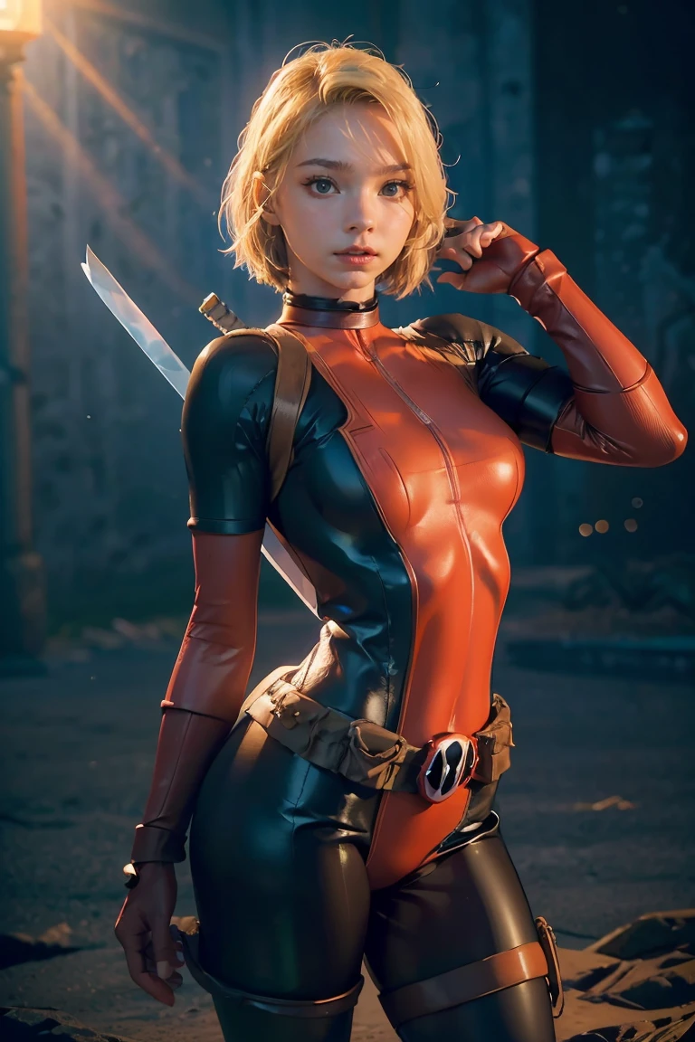 (((3d,CGI))) “cartoon art-style” realistic portrait of a sexy and busty female superhero character in the style of Deadpool, I have blonde hair., Wear tight clothing., holding a sword, Pose seductively and confidently, It is large, good figure., (best quality,4K,8ก,height,Masterpiece:1.2),Very detailed,(realistic,photorealistic,photo-realistic:1.37),Very detailed,Beautifully detailed eyes,Beautifully detailed lips,ดวงตาและใบหน้าที่มีรายVery detailed,Long eyelashes,Intricate costume details,dynamic light,Stunning shadow,bright colors,movie elements