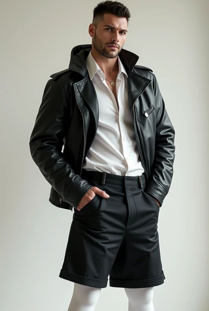 Masculine man wearing white stockings, a long black shorts, a white shirt and a black leather jacket