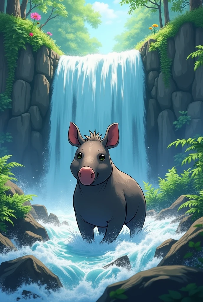 An 8k tapir in a waterfall in the middle of the anime forest