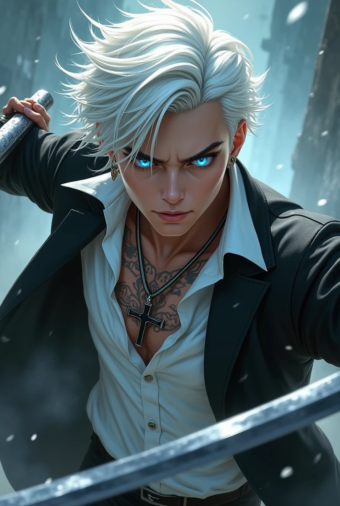 A young man with white hair, shining blue eyes, Cord of Cross, 耳环, a white shirt, black suit chest tattoo, 2 weapons, and is fighting.