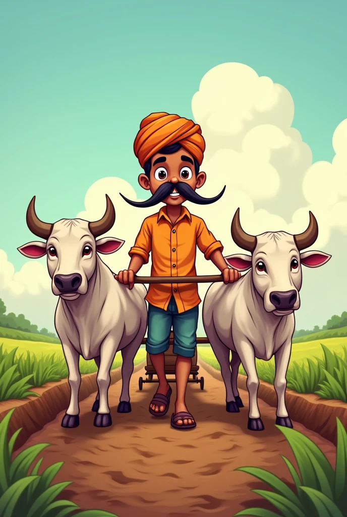 Create a cartoon vector art with a good looking innocent face strong farmer wearing pagdi and having a long desi mustache with two white bulls tied up with plough while tilting the land.