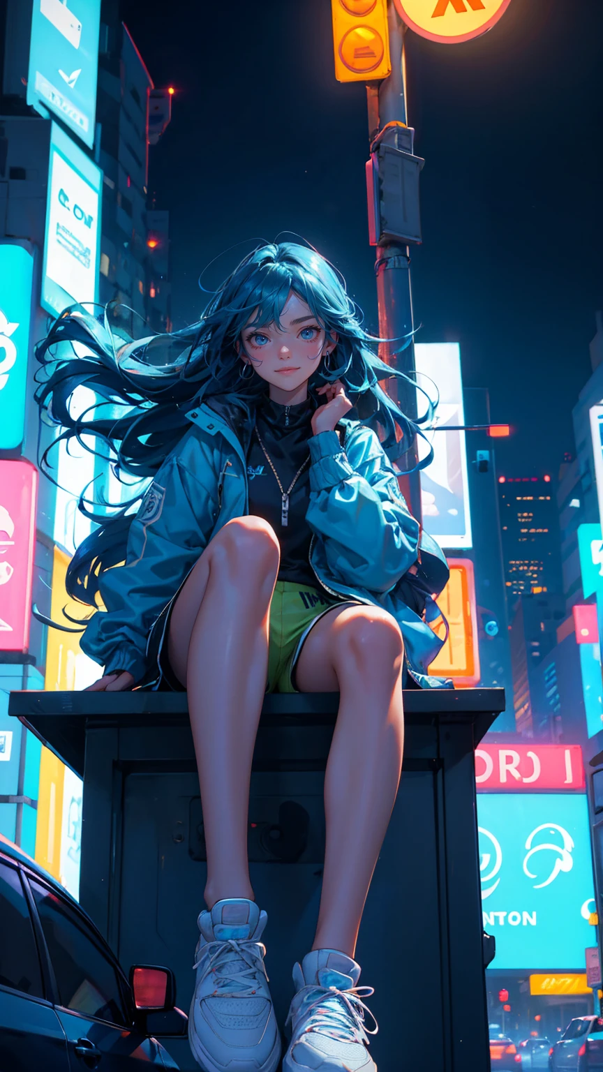 Blue color color A beautiful, cute girl with a joyful expression sitting on top of a bright blue car, in the middle of a bustling city intersection at night. She has long, flowing hair and wears a stylish oversized jacket, athletic shorts, and sneakers, with a relaxed and confident pose. The background features neon-lit billboards with cryptocurrency symbols, glowing street signs, and tall buildings lining both sides of the street. Cars are parked along the road, and streetlights cast a soft, warm glow, enhancing the urban cityscape atmosphere., close up 