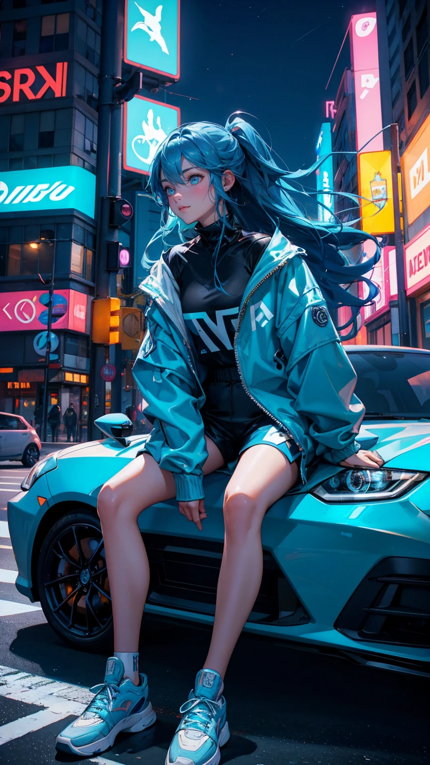 Blue color color A beautiful, cute girl with a joyful expression sitting on top of a bright blue car, in the middle of a bustling city intersection at night. She has long, flowing hair and wears a stylish oversized jacket, athletic shorts, and sneakers, with a relaxed and confident pose. The background features neon-lit billboards with cryptocurrency symbols, glowing street signs, and tall buildings lining both sides of the street. Cars are parked along the road, and streetlights cast a soft, warm glow, enhancing the urban cityscape atmosphere., close up