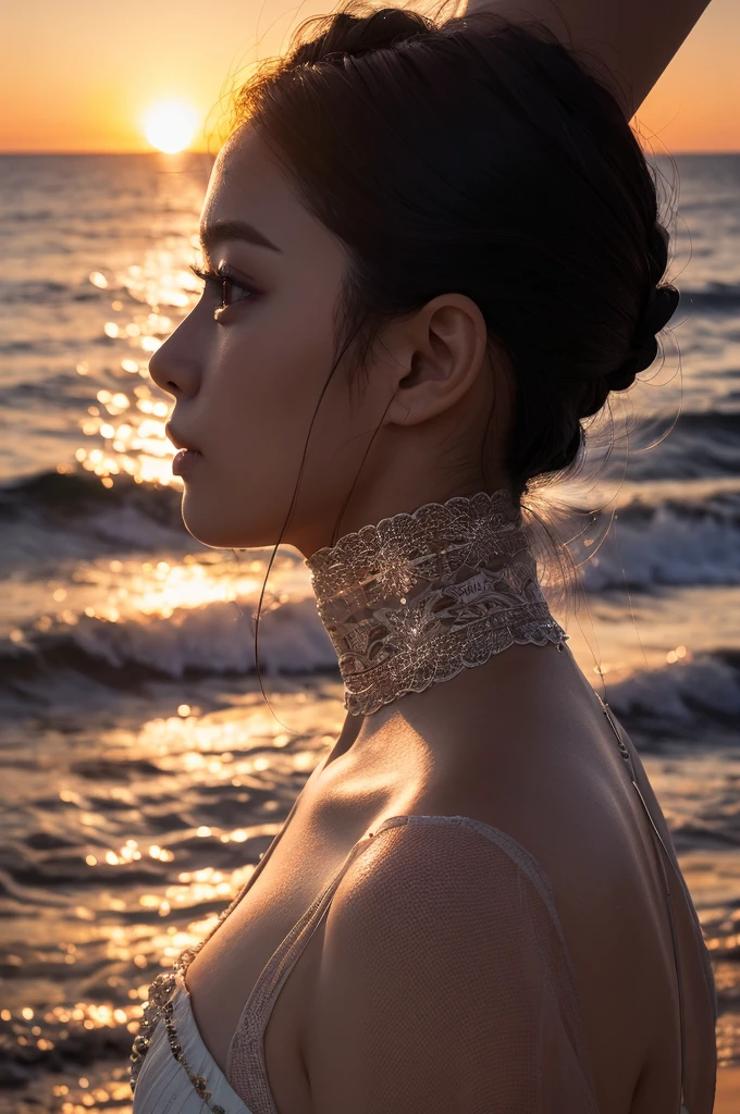 high quality, 8K Ultra HD, A beautiful double exposure that combines an goddess silhouette with sunset coast, sunset coast should serve as the underlying backdrop, with its details incorporated into the goddess , crisp lines, The background is monochrome, sharp focus, double exposure, by yukisakura, awesome full color,