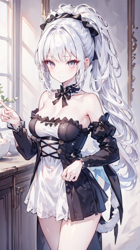 1 Girl, Little Lori,White hair,Side ponytail, Dressed in goth ta,Low-cut,No underwear,Strapless,long legs, at home,high resolution, High Detail, HD model, high quality, Ultra HD, Big breasts(d), Cat ear,