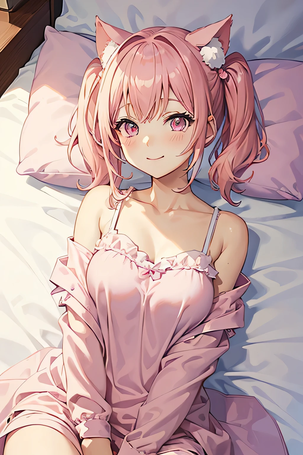 Anime Style、cute、Twin tails、Pink Hair、Pink Eyes、Big Breasts、smile、Pink pajamas、White sheets、On the bed、Lying down、Pink cat ears