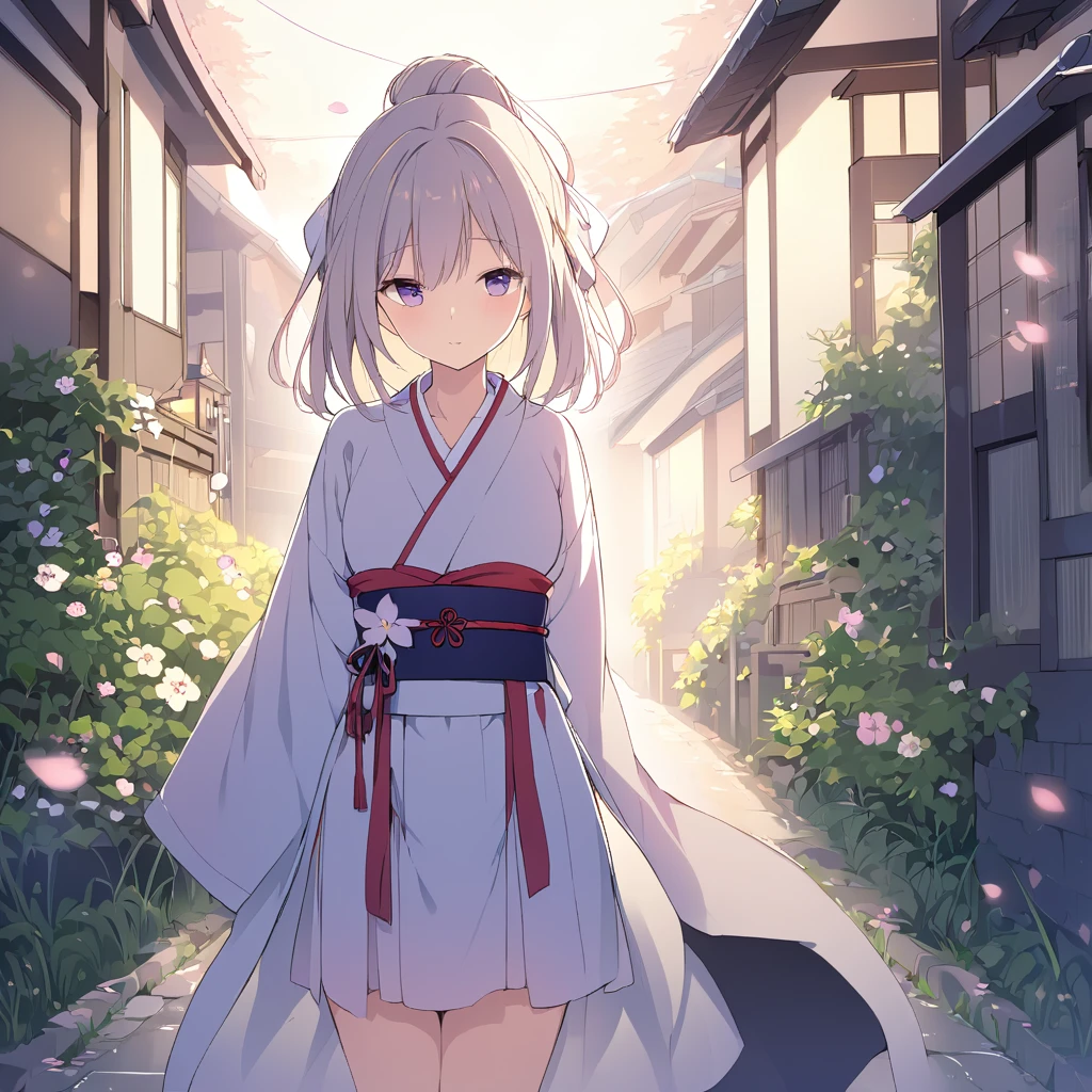 Young woman wearing Japanese clothing、early morning'Atmosphere of。長いblack髪にpurpleがかった色味、Tie a part loosely、残りteeth肩に流れ落ちる。Looking over the right shoulder、Only the left eye is visible in profile。Smooth skin like white porcelain、length, Narrow eyes、Small lips。A fleeting and mysterious atmosphere、A bit of a depressing mood。A beautiful white kimono with a floral pattern。blackい帯と襟、帯teeth大きな蝶結びで背中で結ばれている。着物にteethred、purple、pink、Delicately painted white floral pattern、Expressing with Gradient。length, Drag the hem、Expressing the texture and wrinkles in detail.。透け感のあるblackい羽織を肩にかけている。White flower hair ornament、桜やplumの花をイメージ。circular composition、Place it against the background of a full moon。背景teethdark blueから白へのグラデーション、The impression of the night sky turning into morning。Silhouettes of flowers and plants are scattered throughout the background.、Expressing the appearance of dancing in the wind。Put a dark color on the left、Put a lighter color on the right、Representing the balance of yin and yang。Mainly white、black、dark blue、red、purpleのコントラスト。着物の花柄に使用される色teeth、淡い色から濃い色までExpressing with Gradient。背景の花のシルエットteeth白や薄い青で表現し、Create a great atmosphere。Based on Japanese anime and manga style illustrations、A fusion of delicate line drawings and watercolor-like gradations。Detailed depiction of petals and leaves、特に着物の模様teeth極めて精緻。キャラクターの輪郭線teeth細く、Blur the boundary between the subject and the background。Expressing the movement of petals dancing in the wind、Pay particular attention to how the pieces scatter around the outside of the circle.。Gives effect to character expressions'outline blends into the background、Especially the hair and the hem of the kimono.。Soft light created by moonlight、Give a soft light effect along the character'outline。A fusion of Japanese fantasy and modern illustration techniques。Mysterious and ephemeral atmosphere、A contrast of majestic strength。Before dawn、Darkness and light、Expressing the duality of strength and elegance。季節感としてteeth春の終わりから初夏を想起させる。Varying line thickness and shading、For a sharp finish。Kimono pattern and background flowers々々teeth、Create subtle details with the Brush tool。Adjust the contrast between the character and the background、To highlight the main character。Keep the overall color scheme consistent、For a harmonious look。着物の裾からredい花びらが散り、Spread across the ground。背景の植物teeth桜、plum、Focus on wisteria flowers、Representing seasonal changes。キャラクターの立ち姿teeth凛として美しく、the spine is straight。The moonlight reflects off the fabric of the kimono、Creates a subtle sheen。