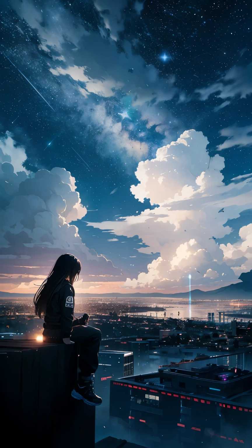 Octane, null, star (null), scenery, starry null, night, One girl, night null, alone, Outdoor, building, cloud, milky way, Sitting, wood, Long Hair, city, silhouette, cityscape、nullを広く、