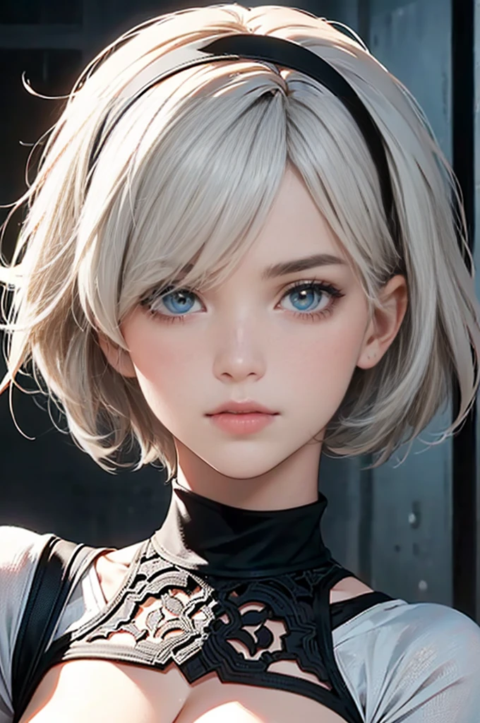 {(masterpiece,best quality, 16K portrait, UHD, extremely detailed the work, detailed beautiful face and eyes and skin and hair)} 
BREAK {(ultra realistic photo graphic style)} 
BREAK {solo,(2B of Nier-Automa:1.4), (lightbrown-lightwhite colored hair:1.4, short cut hair), (medium mouth),(narrow and sharp eyes),(attractive blue-glay eyes:1.4),(left-eye hidden by bangs:1.2),(slender body,small breasts):1.2,captivating lips} 
BREAK {(Nier-Automata-2B costume:1.2),(cleavage between breasts:1.2),(hairband)} 
BREAK {peofile,looking away,(more-closeup eyes:1.4)}