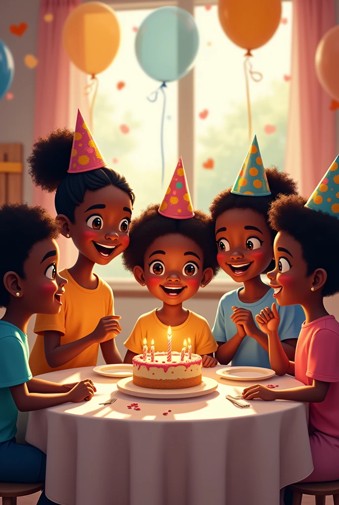 A lot of black kids seated on a table for a birthday set