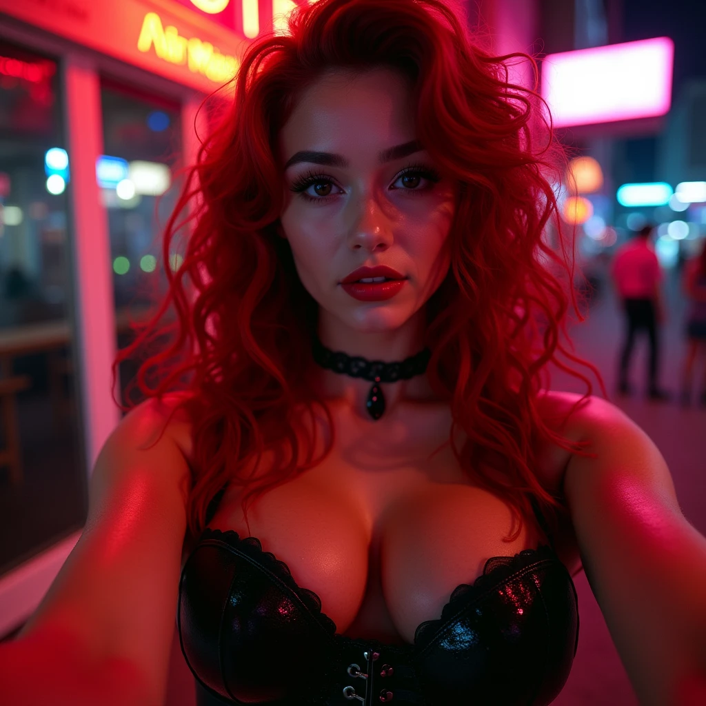 ((Very beautiful girl)), 8k, Young beautiful girl, sexy girl, ((red long hair)), red long curly hair, complex makeup, ((big tits)), huge tits, big boobs, ((huge tits)), ((plump lips)), inflated lips, pointed nipples, big lips, ((big expressive black eyes)), big eyes, perfect beautiful girl, young mommy, choker, glitter, pregnant, pregnant, ((perfect hands)), wet, ((in a black corset)), Background: neon, night, window, ((selfie opposite the window)), ((selfie)), close-up, many details, neon lighting, contour neon lighting, ((selfie)), close-up, first person, sex, lust, debauchery,