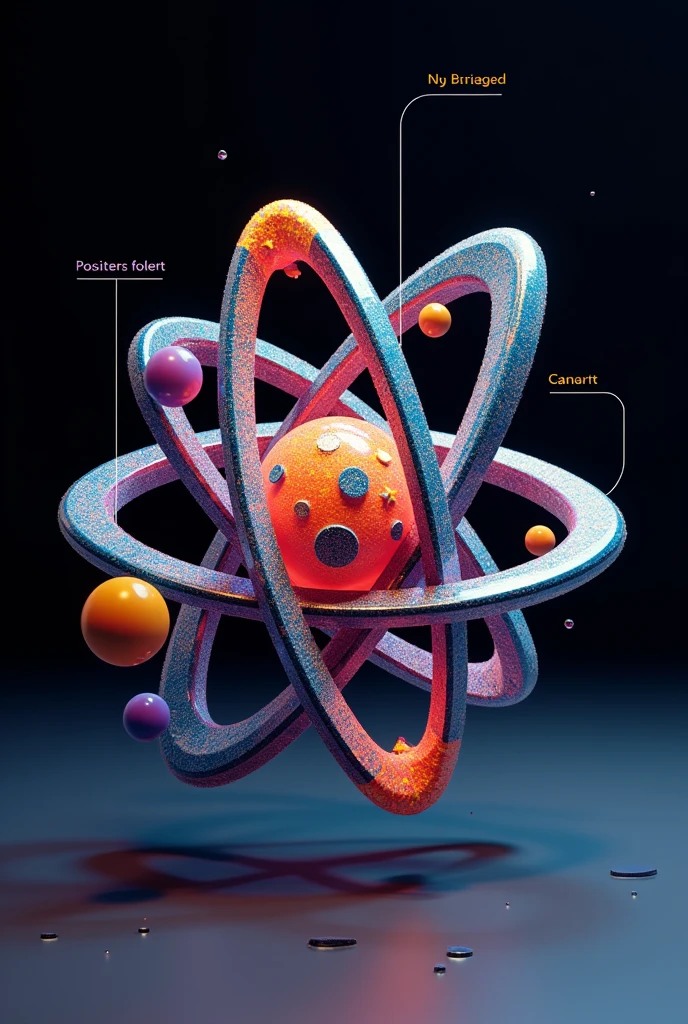 create your own atomic model (unique shapes, unique colors, not inspired by real atomic model, with atom structure, with text of every part)