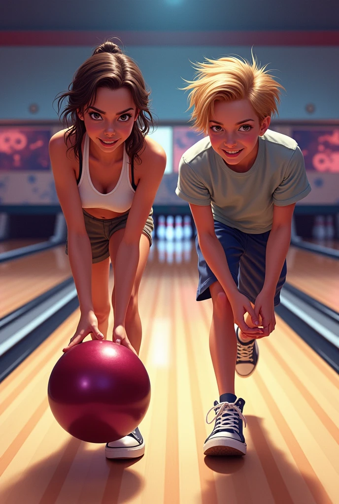 Girl vs boy bowling game with bowl in hand