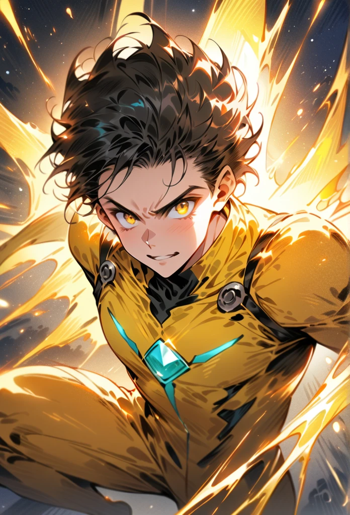 a superhero boy with black hair and yellow eyes, full yellow costume, flying in space, (best quality,4k,8k,highres,masterpiece:1.2),ultra-detailed, studio lighting,extremely detailed face and eyes,intricate superhero costume,dynamic action pose,glowing yellow energy,sci-fi space background,cinematic lighting,vibrant colors