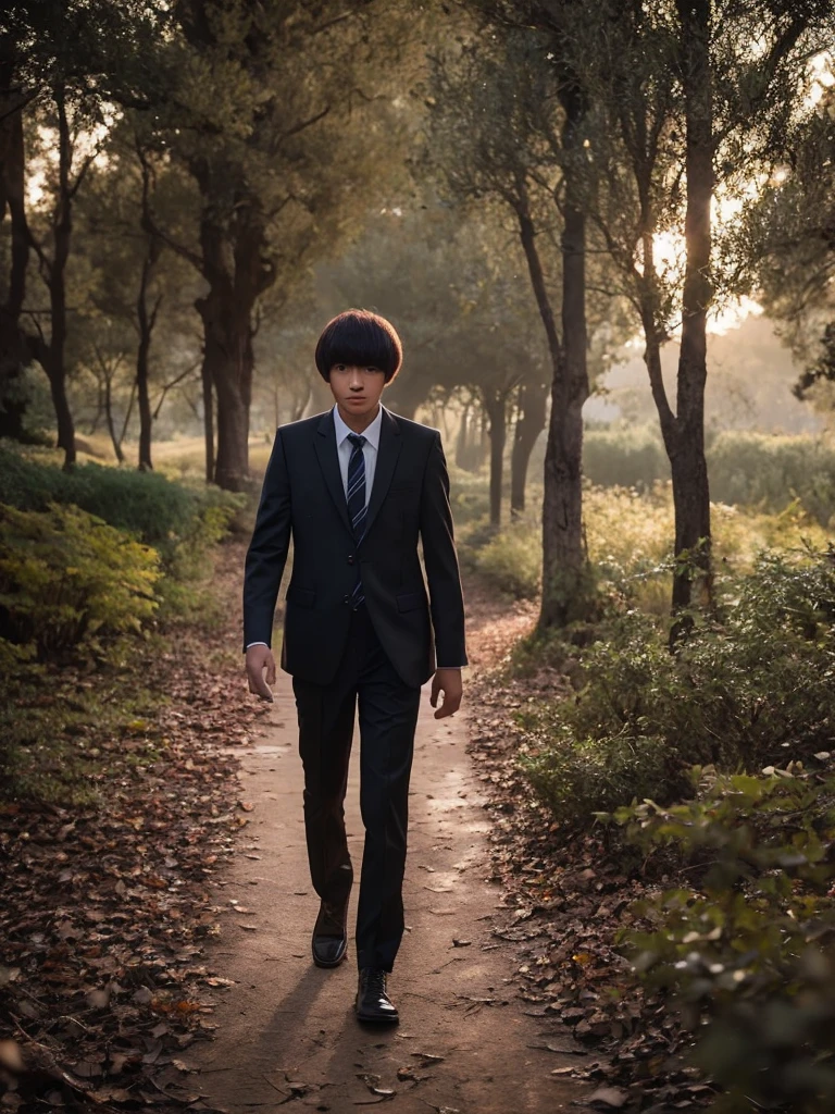 High school boy in a suit, mushroom hair, Walking alone on a dark path full of dry trees