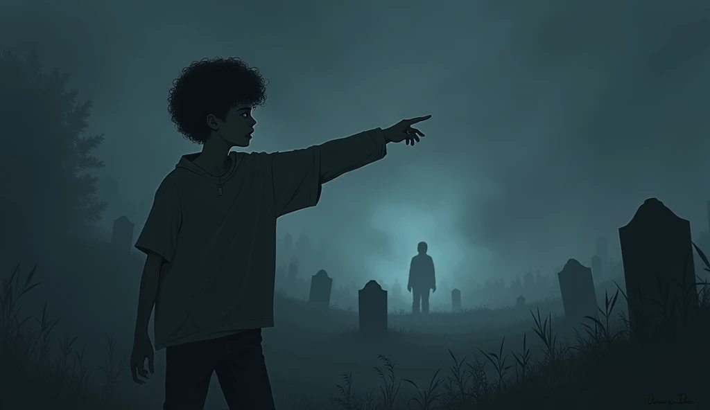 	A terrified young person pointing shakily towards the distance. The surroundings are dark, with overgrown grass and a few scattered gravestones barely visible in the dim light.