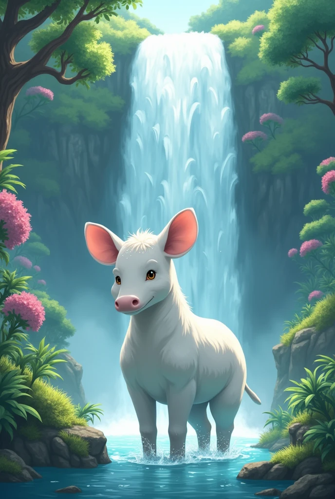 A white tapir 8k in a waterfall in the middle of the anime forest