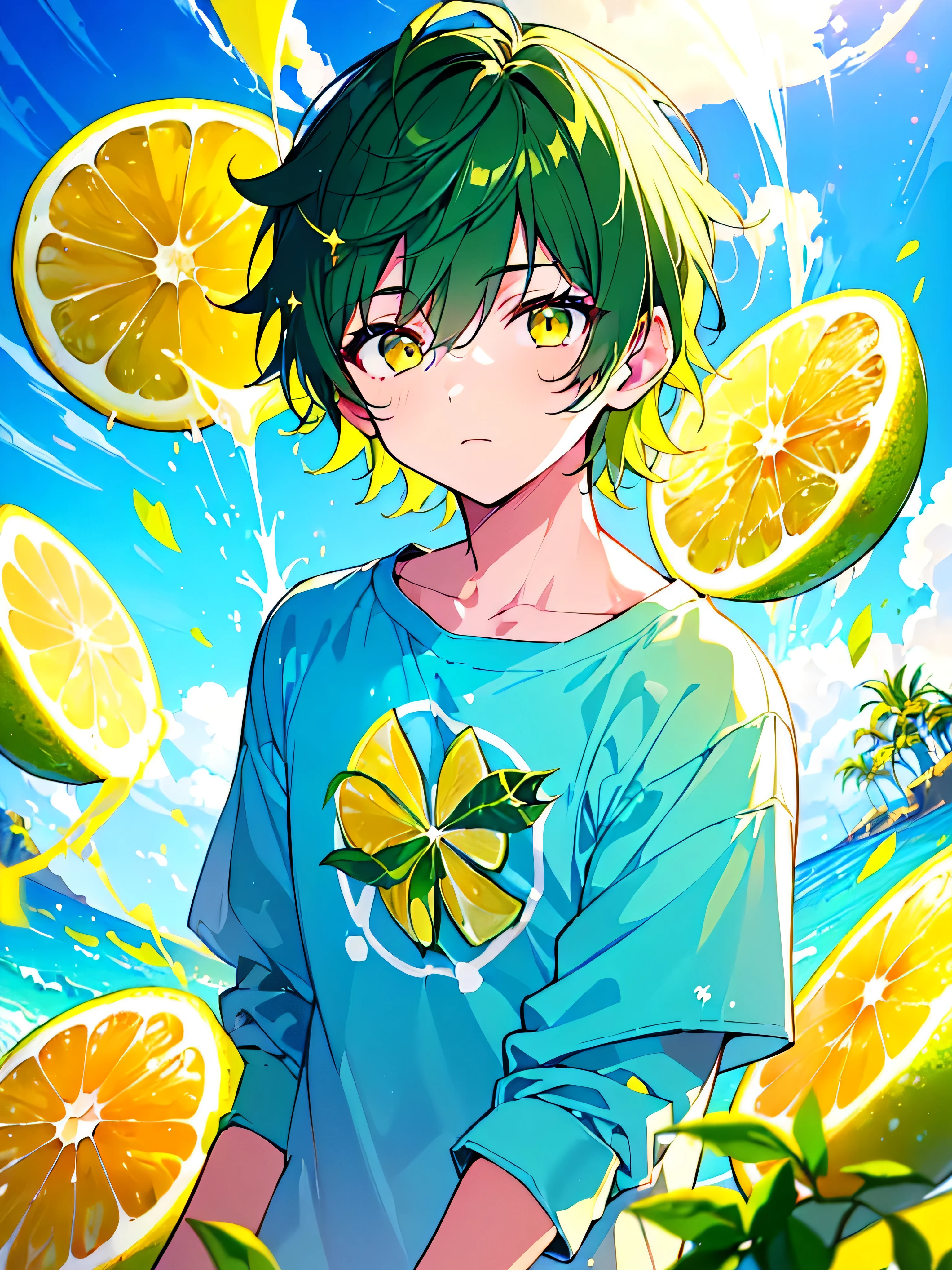 [(CITY POP BACKGROUND:1.5),::5], ((((masterpiece)))), high quality, very_high_resolution, large_filesize, upper body, full color, ((younger boy)), 13 old year, ((short green hair)), vivid color, ((yellow eye)), Summer clothes white, animestyle, (Lemon Lime Splash effect:1.3)
