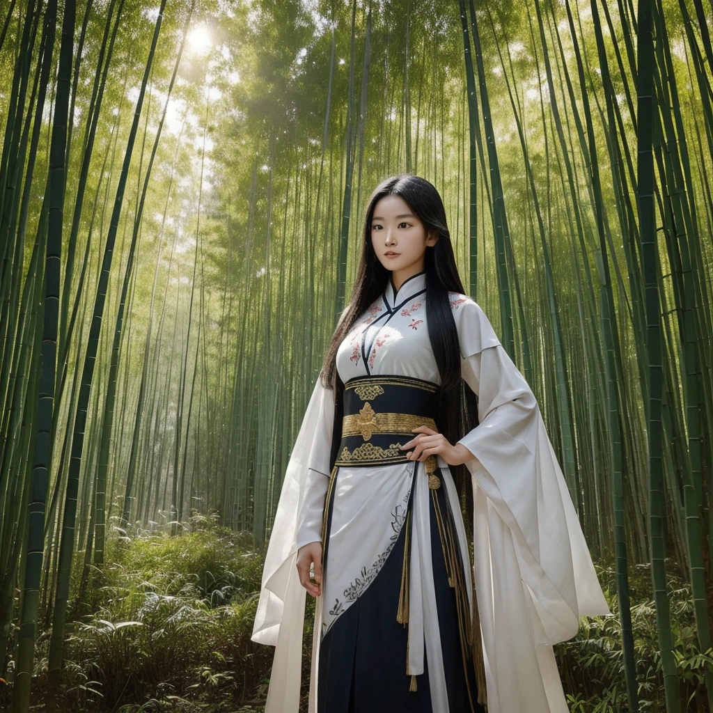 In the heart of the bamboo forest, amidst the silence of nature, a lone female warrior with long hair, a Chinese-Thai face, stands firmly. Her attire is a mix of ancient Chinese traditions in black and white and futuristic designs. Embroidered details tell stories of past battles and victories. The soft light of dawn or dusk filters through, revealing the shadows on the warrior's face as he grips a Chinese sword with an intricate hilt. What secrets lie hidden within those bamboo leaves, and what fate awaits this mysterious figure?.