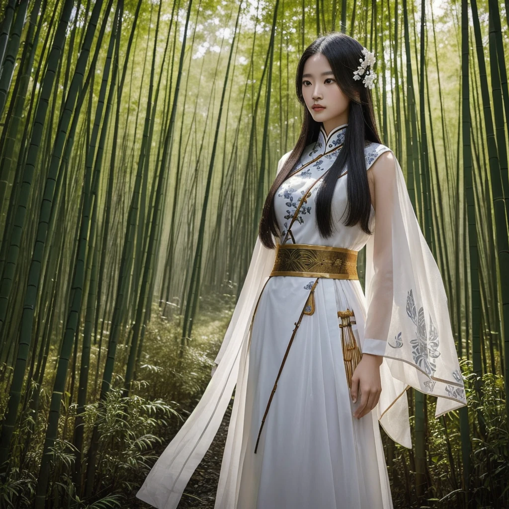 In the heart of the bamboo forest, amidst the silence of nature, a lone female warrior with long hair, a Chinese-Thai face, stands firmly. Her attire is a mix of ancient Chinese traditions in black and white and futuristic designs. Embroidered details tell stories of past battles and victories. The soft light of dawn or dusk filters through, revealing the shadows on the warrior&#39;s face as he grips a Chinese sword with an intricate hilt. What secrets lie hidden within those bamboo leaves, and what fate awaits this mysterious figure?.