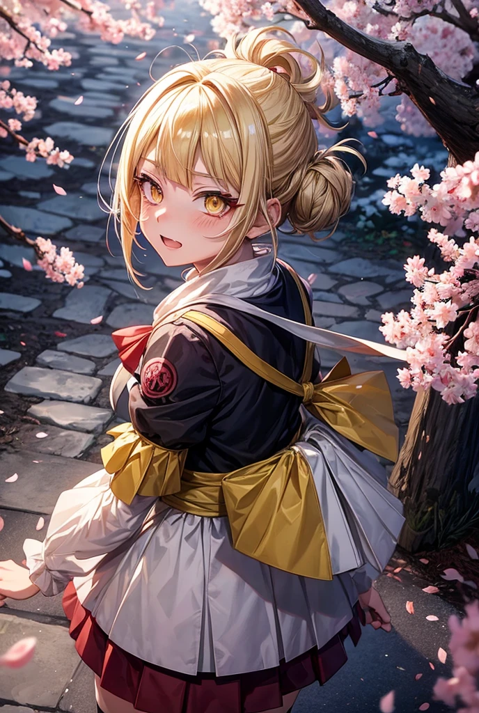 anime my hero academia girl toga himiko with ash blonde hair and yellow eyes with her hair tied back with a fang gothic image walking down a tree path while cherry blossoms fall 