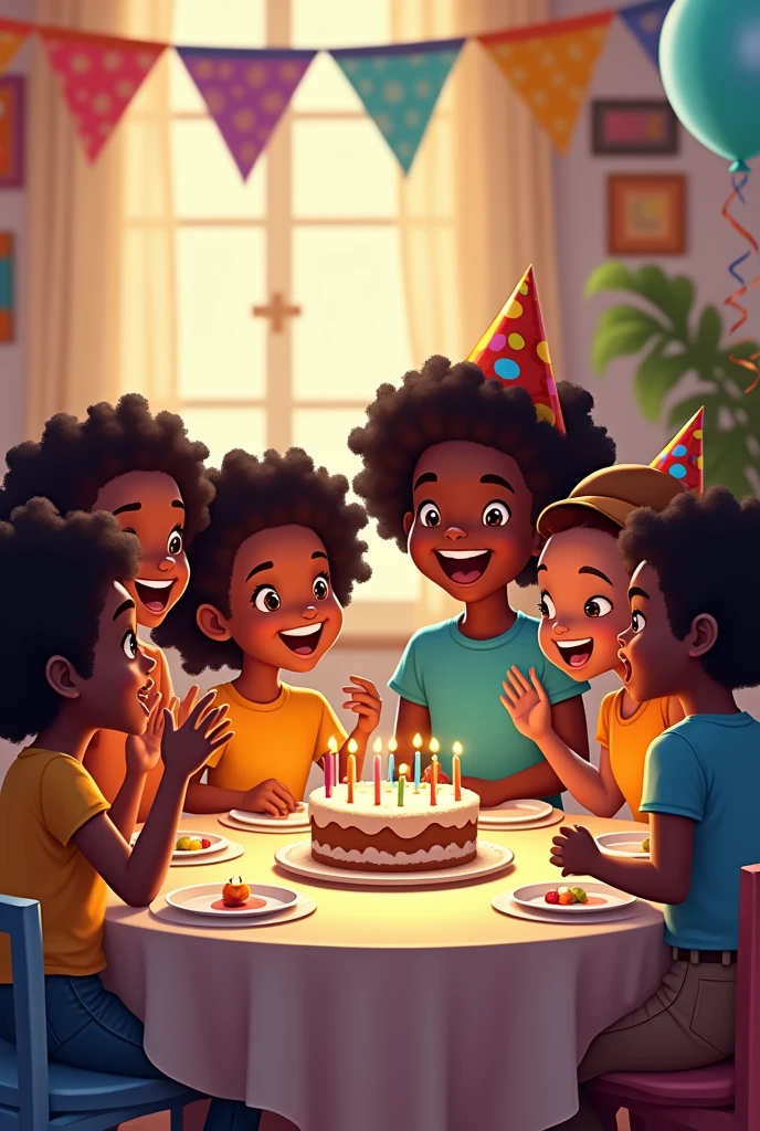 A lot of black kids seated on a table for a birthday set