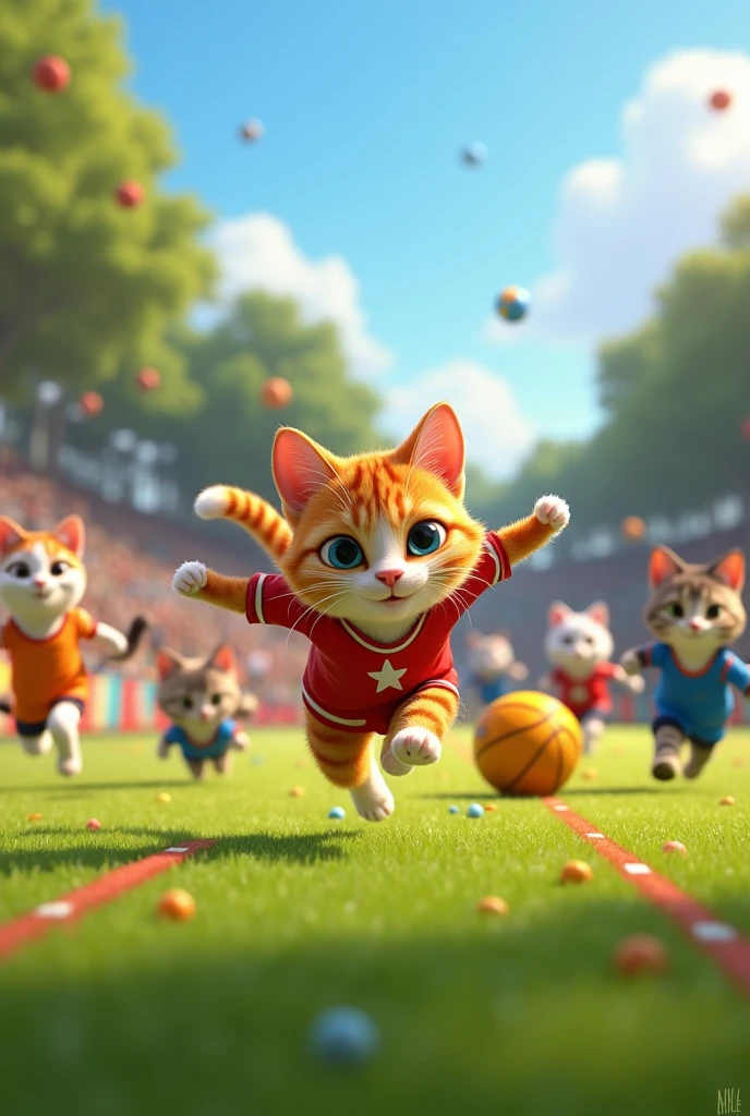 Pixar-style cats having a sports day