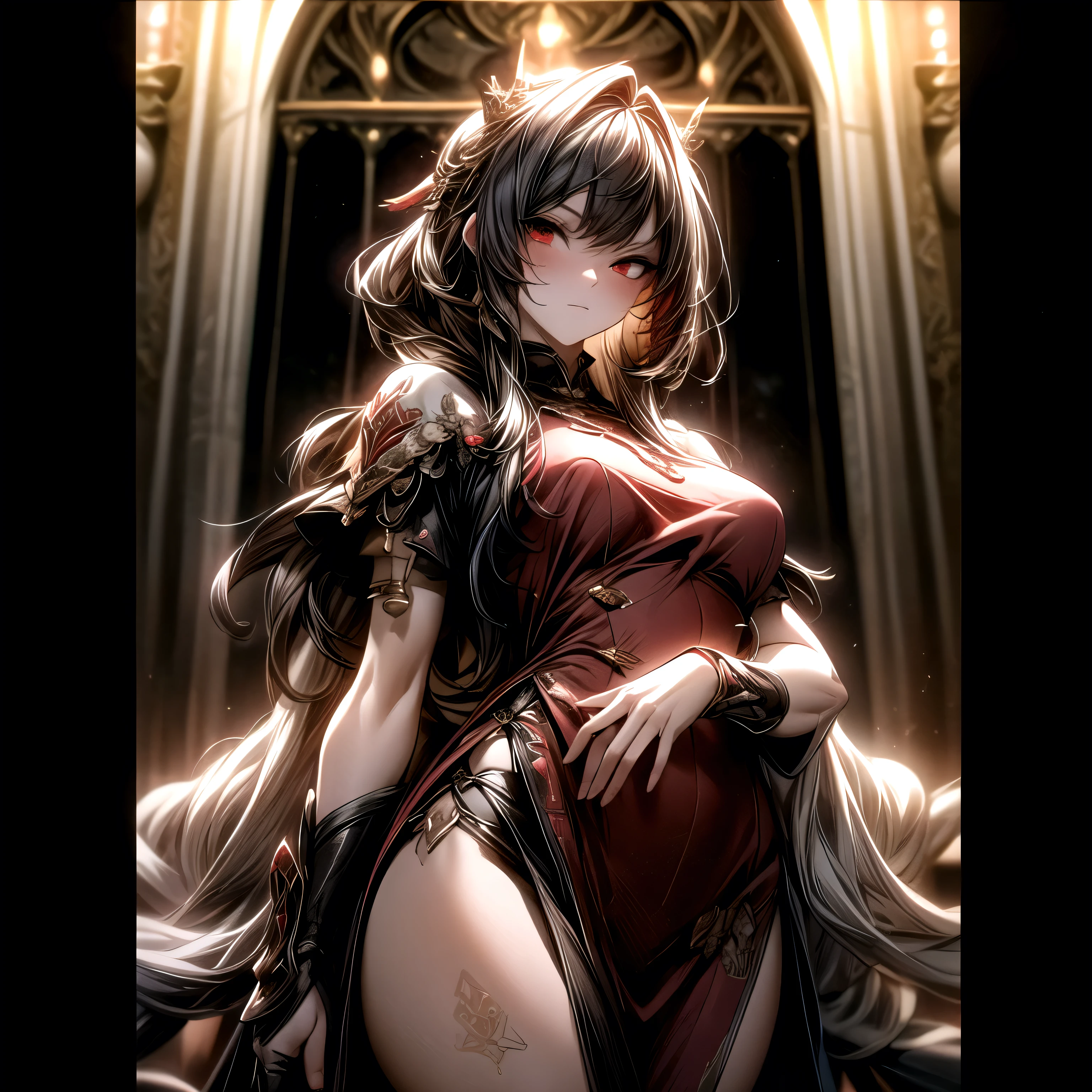 (best quality)), ((Masterpiece)), (details:1.4), 3d, HDR (high dynamic range), an image of a beautiful cyberpunk female, Fantasy, Cyberpunk, Red hair, Curtain Bangs, Sleek style, Hips up, Beautiful Red eyes, จมูกโด่ง, ปากแดง, หน้าอกใหญ่, nvidia RTX, PBR surface, After processing, Anisotropic filtration,depth of field, Maximum clarity and clarity, multi-layered surface, Subsurface scattering, perfect proportions, 8K raw files, ultra detailed, Perfect proportions, volumetric lighting, soft lighting, Holy Paldin, Heavy Black Armor, Red dress, intricate Silver embroidery, glossy skin, Castle background, jewely, ต่างหู, นิ้วมือสมบูรณ์, mini red skirt,
