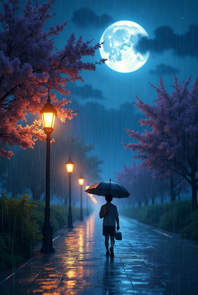 visual image or photograph.moonlit night, full moon in sky,rainy day.highlight the depth of field and quality, conveying a sense of happiness and a good life despite the rainy weather, lantern street light,many tree with flowers line in the street.one boy walk alone with umbrella