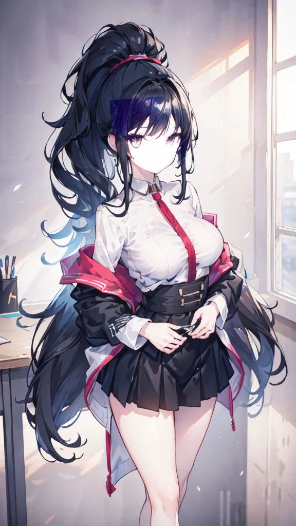 1 Girl, black hair, long hair, High ponytail,Wearing a white shirt and a small jacket,Hip-hugging skirt and black stockings,long legs,office,,Big breasts(d), high resolution, masterpiece, precise, 高quality, quality, Retina screen, Textured Skin, Very detailed, Ultra HD,