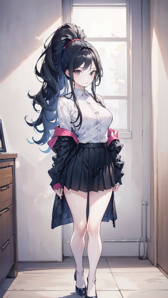 1 Girl, black hair, long hair, High ponytail,Wearing a white shirt and a small jacket,Hip-hugging skirt and black stockings,long legs,office,,Big breasts(d), high resolution, masterpiece, precise, 高quality, quality, Retina screen, Textured Skin, Very detailed, Ultra HD,