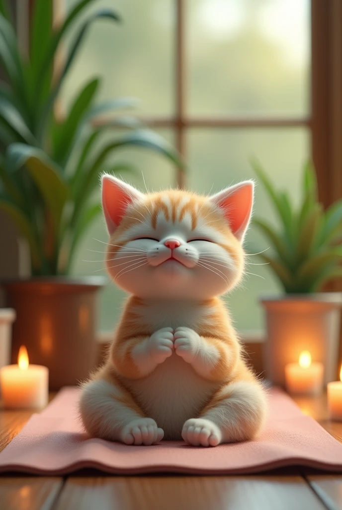 The protagonist(cute)Cat sitting on a yoga mat、Taking a deep breath and relaxing the body。There are green plants and candles in the background.、There is a relaxed atmosphere。
