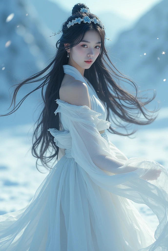 (highest quality, 8k, High resolution, masterpiece:1.5, ), Beautiful Japanese Girl, Snow Girl, 20-year-old, Perfect Human Anatomy, Big magic eye, Serious expression, Detail of windblown black hair, Long hair that shines like the aurora, Asymmetrical bangs, Smooth and soft white skin, ((White kimono)), High-quality fabric, (Colorful glowing snow effect:1.3), ((Snowy mountains in a blizzard)), Professional Lighting, Professional Photographer, Professional Model
