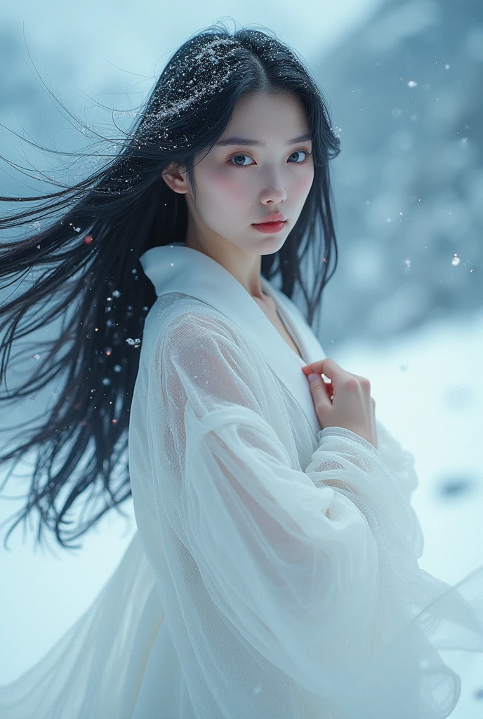 (highest quality, 8k, High resolution, masterpiece:1.5, ), Beautiful Japanese Girl, Snow Girl, 20-year-old, Perfect Human Anatomy, Big magic eye, Serious expression, Detail of windblown black hair, Long hair that shines like the aurora, Asymmetrical bangs, Smooth and soft white skin, ((White kimono)), High-quality fabric, (Colorful glowing snow effect:1.3), ((Snowy mountains in a blizzard)), Professional Lighting, Professional Photographer, Professional Model