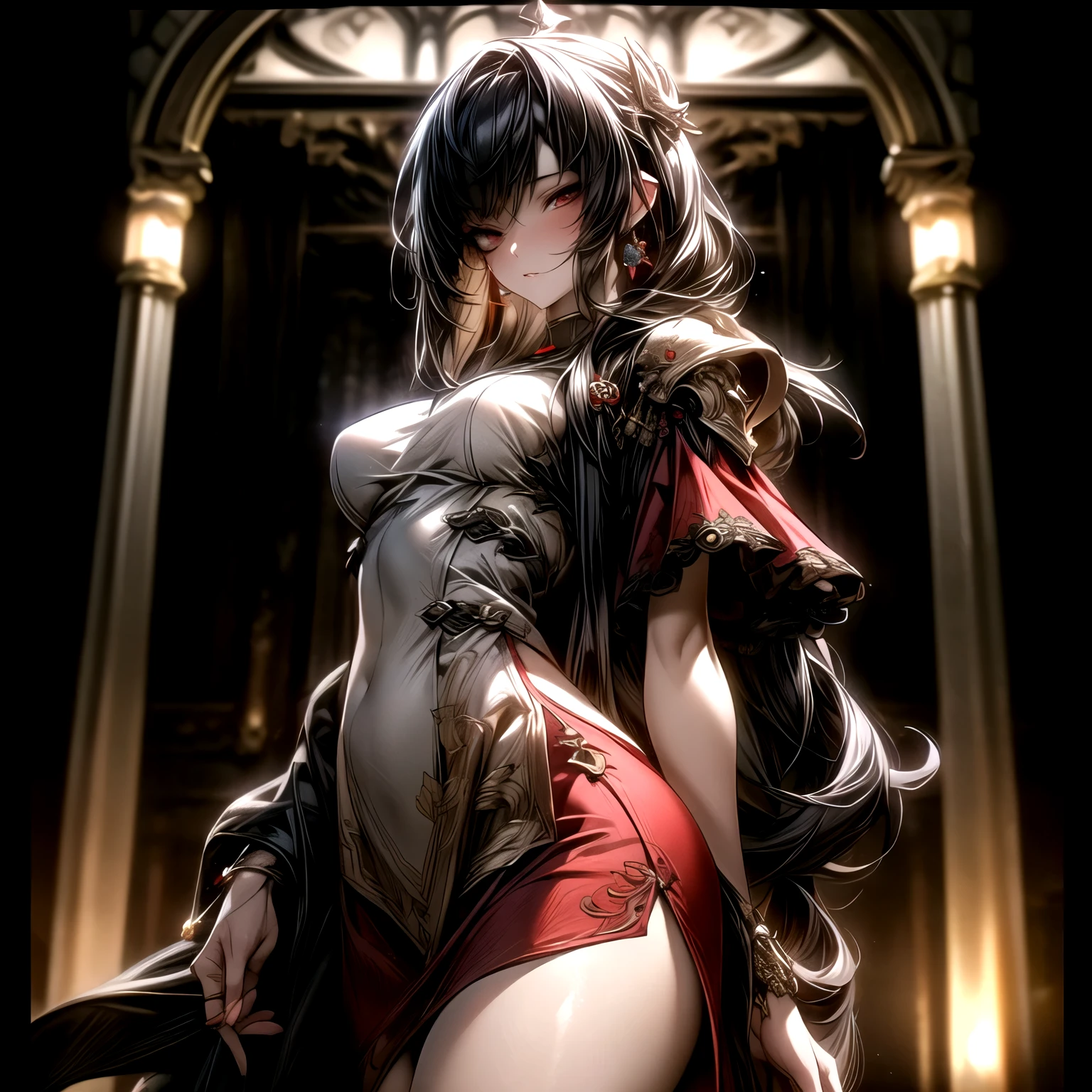 (best quality)), ((Masterpiece)), (details:1.4), 3d, HDR (high dynamic range), an image of a beautiful cyberpunk female, Fantasy, Cyberpunk, Red hair, Curtain Bangs, Sleek style, Hips up, Beautiful Red eyes, จมูกโด่ง, ปากแดง, หน้าอกใหญ่, nvidia RTX, PBR surface, After processing, Anisotropic filtration,depth of field, Maximum clarity and clarity, multi-layered surface, Subsurface scattering, perfect proportions, 8K raw files, ultra detailed, Perfect proportions, volumetric lighting, soft lighting, Holy Paldin, Heavy Black Armor, Red dress, intricate Silver embroidery, glossy skin, Castle background, jewely, ต่างหู, นิ้วมือสมบูรณ์, mini red skirt,