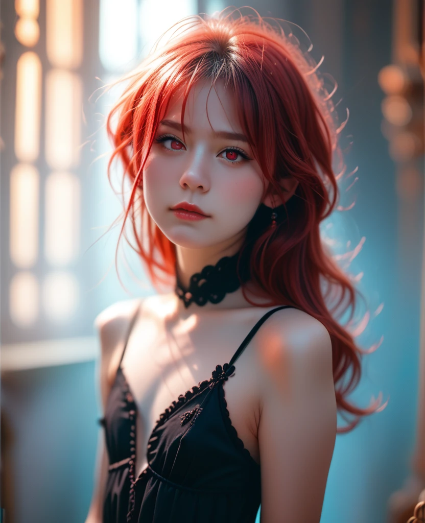 a girl with long red hair, heterochromatic eyes, pale skin, flat chest, wearing a black dress paired with a crisp pink blouse, with a more elegant and sophisticated touch, something that matches her mysterious and strong personality. Overall, her appearance would be striking, attracting curious and intrigued looks, flat chested, cinematic lighting, chromatic aberration, backlighting, masterpiece, high details, high quality, 4K.
