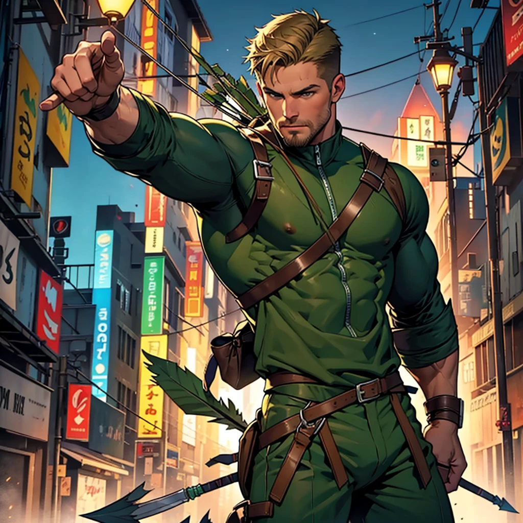 NSFW, 32k, high quality , detailed face , detailed fingers ,detailed muscles  stephen amell as green arrow , wearing blackish green outfit   , showing a dark blond short hair , a thick facial hair like daddies, a bulge ,hunk and handsome, shooting  his  arrows with a bow toward the ennemies , in action , with the quiver on his back full of arrows background sky and city at night 