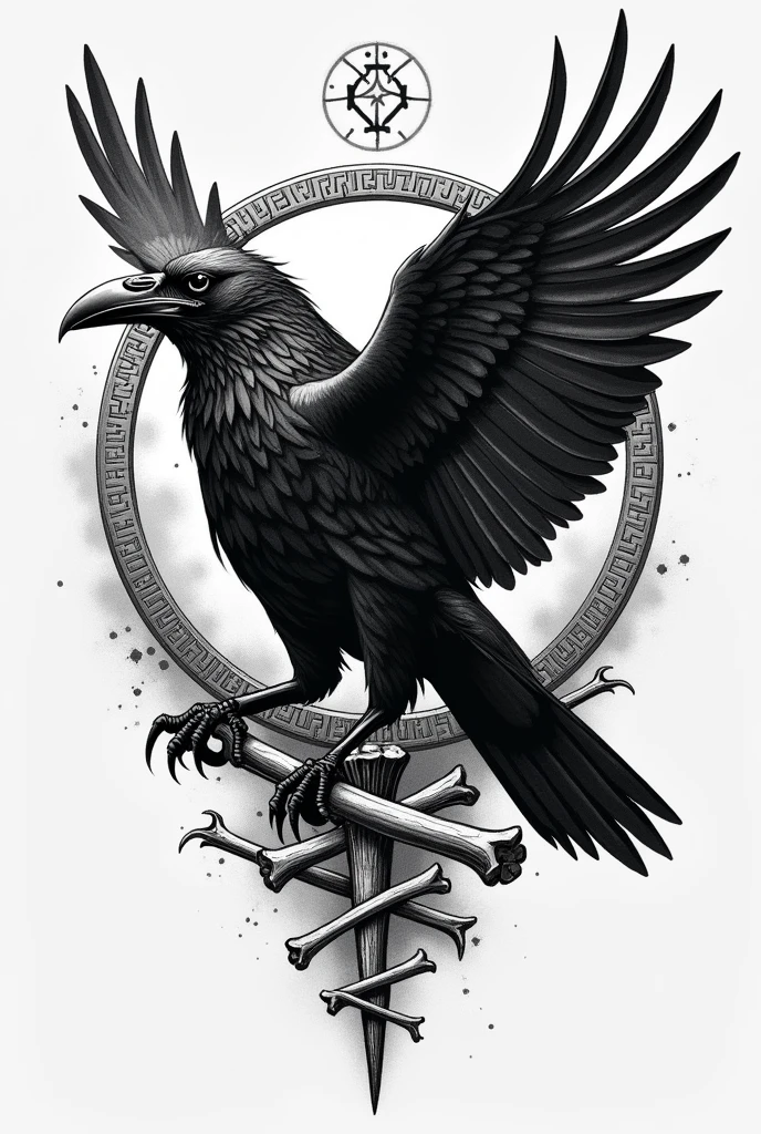 create a black and white pointillism tattoo of a viking norse raven with runes magic and war with fighting and posing on bones