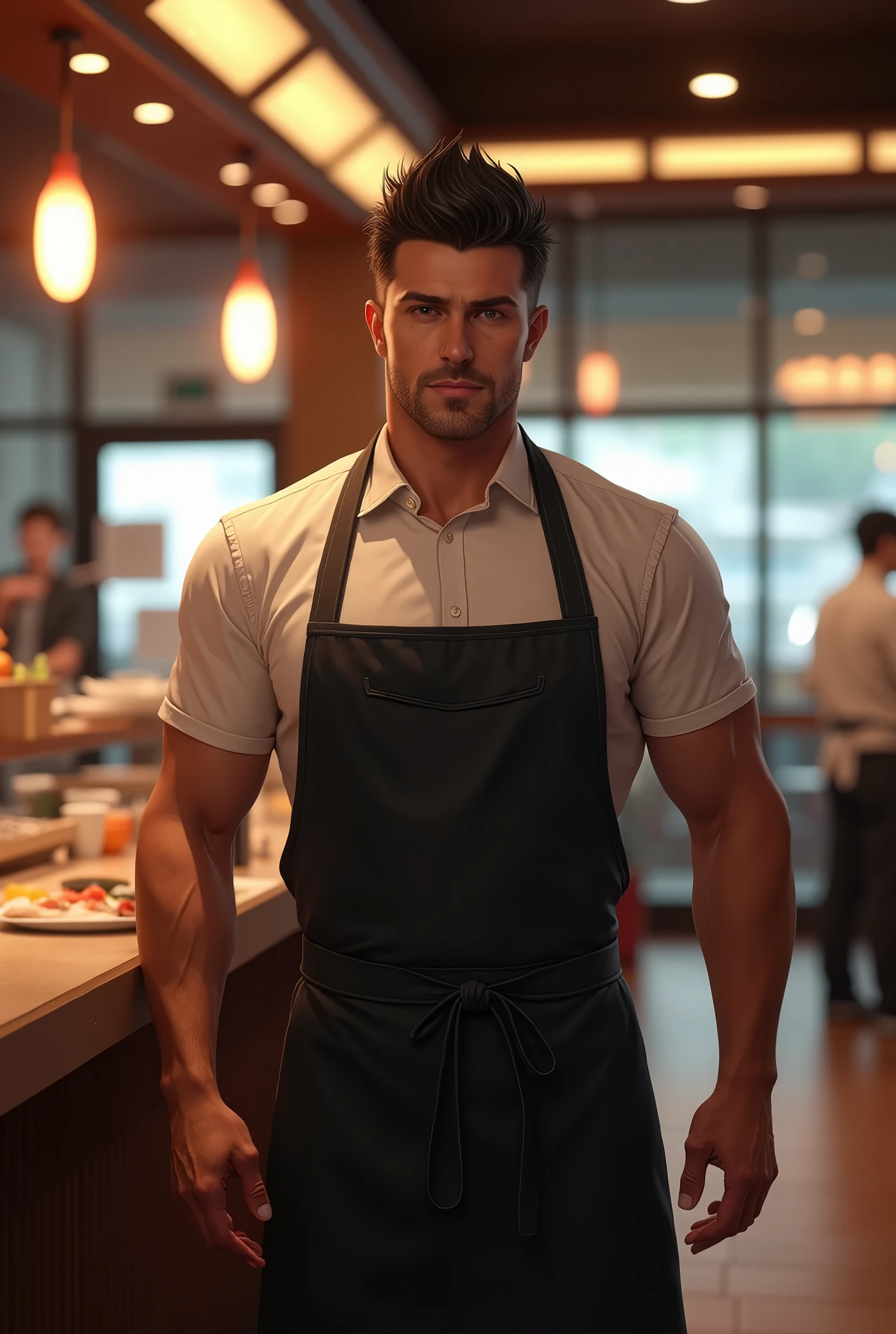  [safe]30 year old man with an athletic and well defined body, broad shoulders and a slight bulge in the lower leg area visible through the apron. Your face should have a strong jawline, Straight Nose, and a gentle and seductive look. The hair is black, smooth and short, and the eyes are dark and deep. realistic lighting, Dynamic angle, 真实感, best qualityer, fully body. sushi bar restaurant atmosphere, is working, is dressed in uniform 