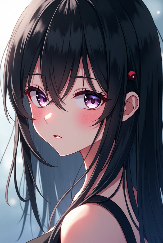 Anime girl with black hair and white tips with bangs covering her eyes