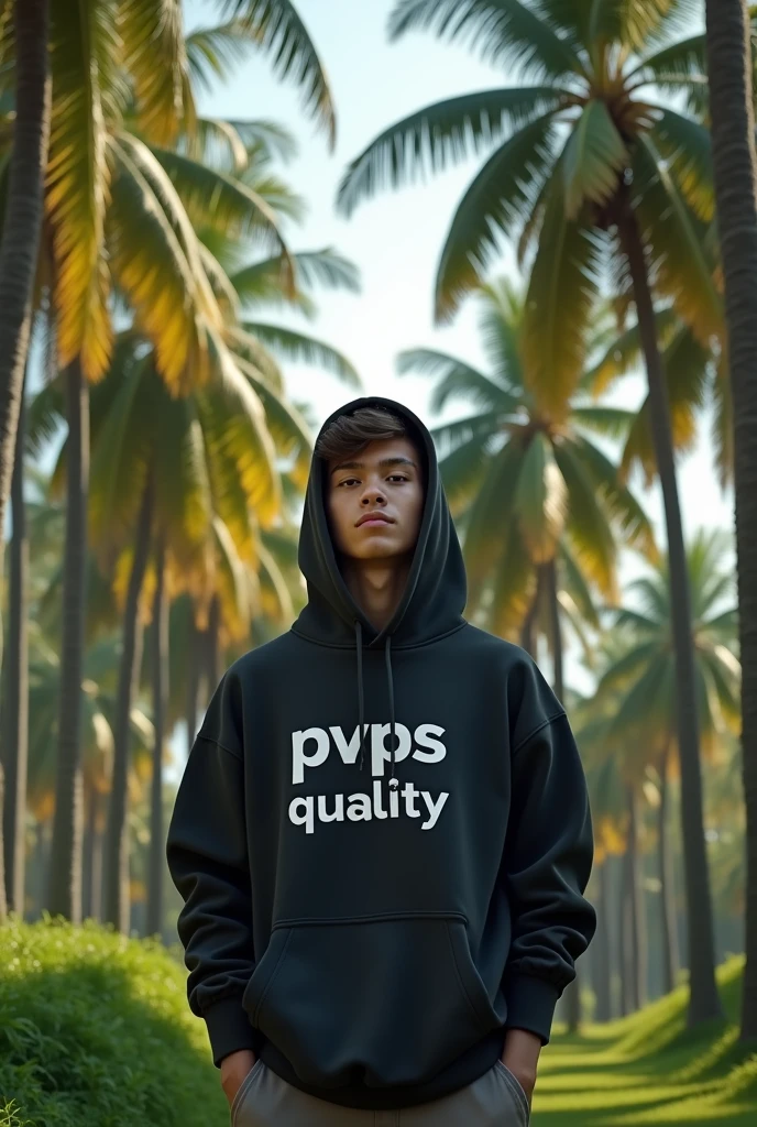 A young man wearing a hoody name on the hoody is PVPS QUALITY standing under the coconut plantation
