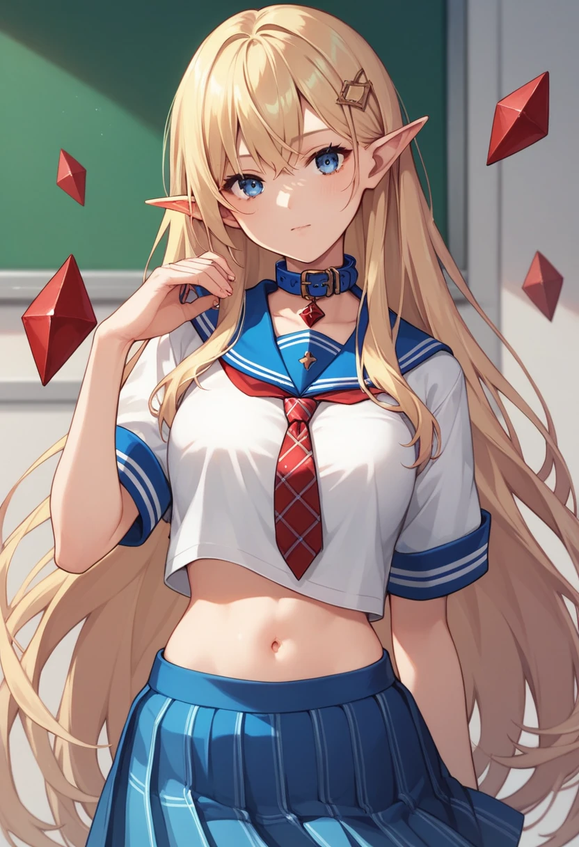 score_9, score_8_up, score_7_up, score_6_up, 1girl, pointy ears, blonde hair, long hair, very long hair, blue eyes, hair ornament, serafuku, school uniform, white shirt, blue collar with Tartan patterns, blue pleated skirt with Tartan patterns, miniskirt, red Argyle tie, navel,