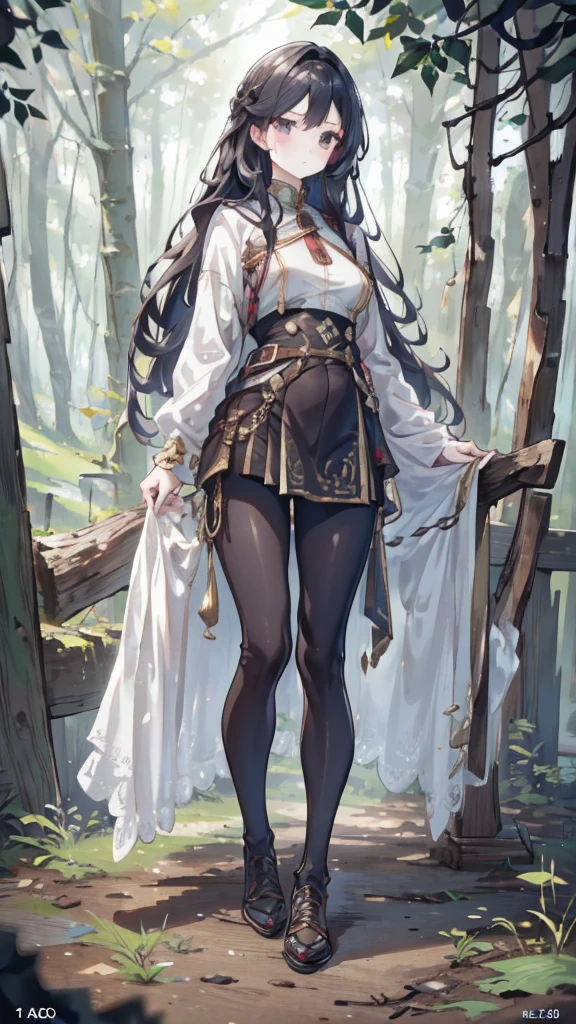 4K, Practical, Very detailed, There was a girl in the woods, She is a warrior, War theme, Soft clothes, Long hair, Wearing leggings, 2, whole body, Wearing Gucci shoes