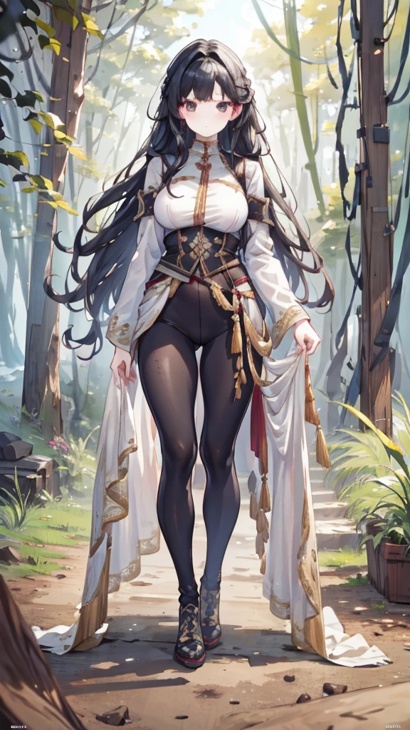 4K, Practical, Very detailed, There was a girl in the woods, She is a warrior, War theme, Soft clothes, Long hair, Wearing leggings, 2, whole body, Wearing Gucci shoes