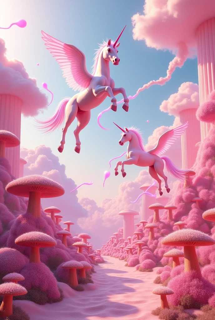 A pink world with clouds shaped like human breasts. Flying unicorns that jump around and leave rainbows behind. Flowers shaped like spiky magic mushrooms and flying sperm. Futuristic like creation