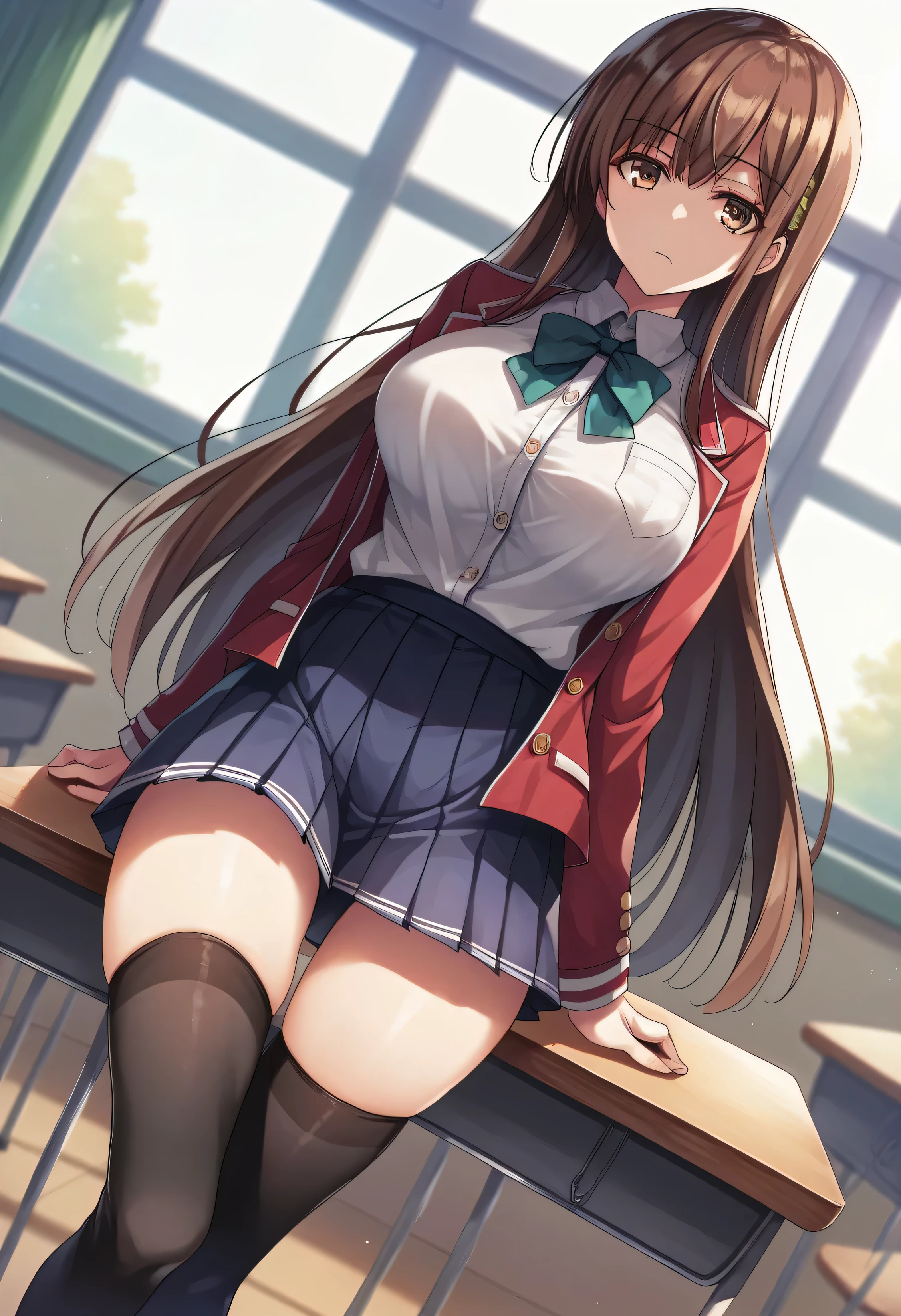 Ayanokouji Kiyotaka cambia and niña, Youkoso Jitsuryoku Shijo Shugi no Kyoushitsu e, Tomose Shunsaku, 1 girl, Alone, High resolution, dutch angle, very long hair, Brown hair, golden brown eyes, fringe, fringe partido, expressionless, Closed mouth, big breasts, neckline, clavicle, White shirt, Red school jacket, buttons, White pleated skirt, long transparent stockings, looking at the viewer, hand on the horse, arm , Standing, thigh gap, legs, classroom, long black stockings ,day full of light, desk, window , masterpiece, Best Quality, Best Quality, amazing, beautiful detailed eyes, finely detailed, depth of field, Extremely detailed CG unity 8k wallpaper, Whole body.